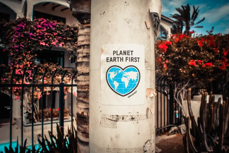 Image of a poster promoting environmentalism that states planet earth first.